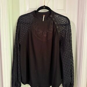 Free People Black Lace Sleeve Blouse